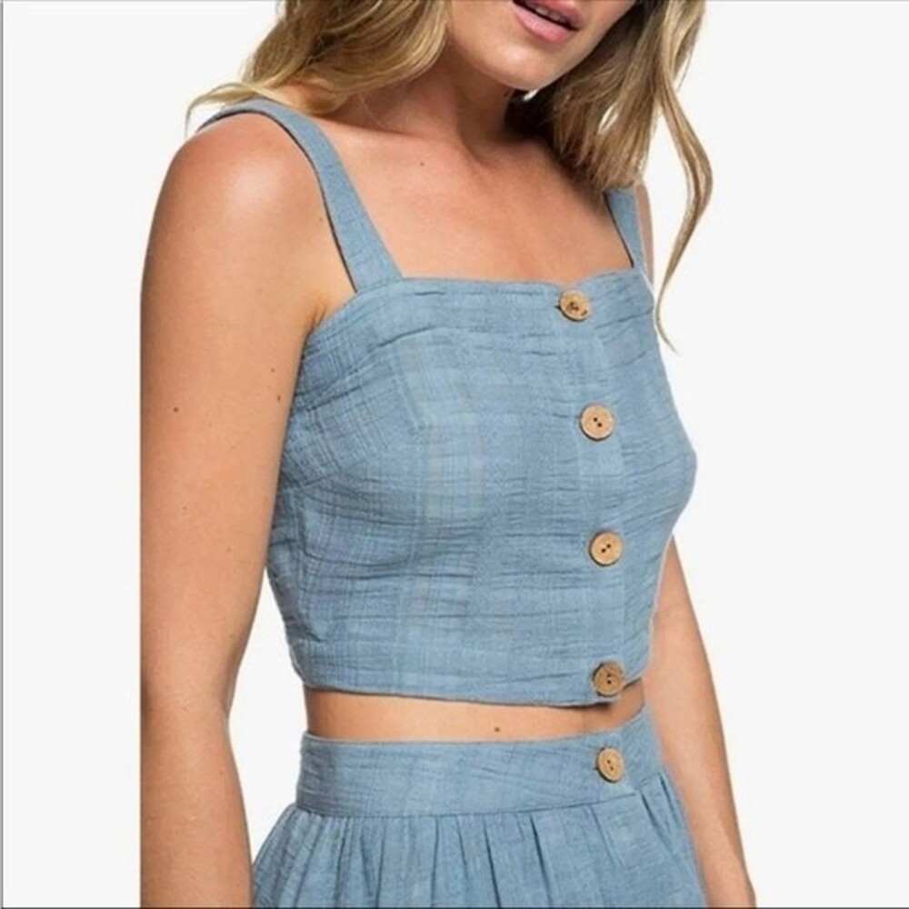 ROXY Blue Ocean Groove Button Front Cropped Tank NWT Size XL Vacation Summer